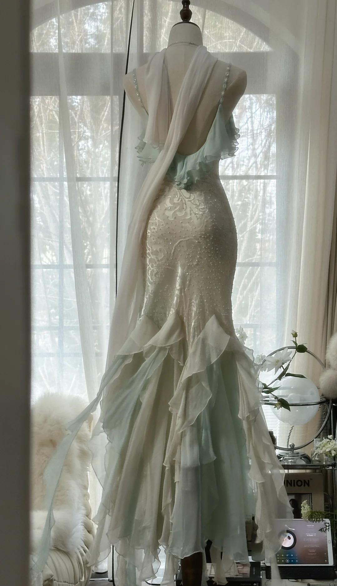 🎊Romantic Vintage Mint Green Prom Dress-Ruffled Chiffon &Beadwork Fairytale Mermaid Gown for Quinceanera&Events🍀 ED01725