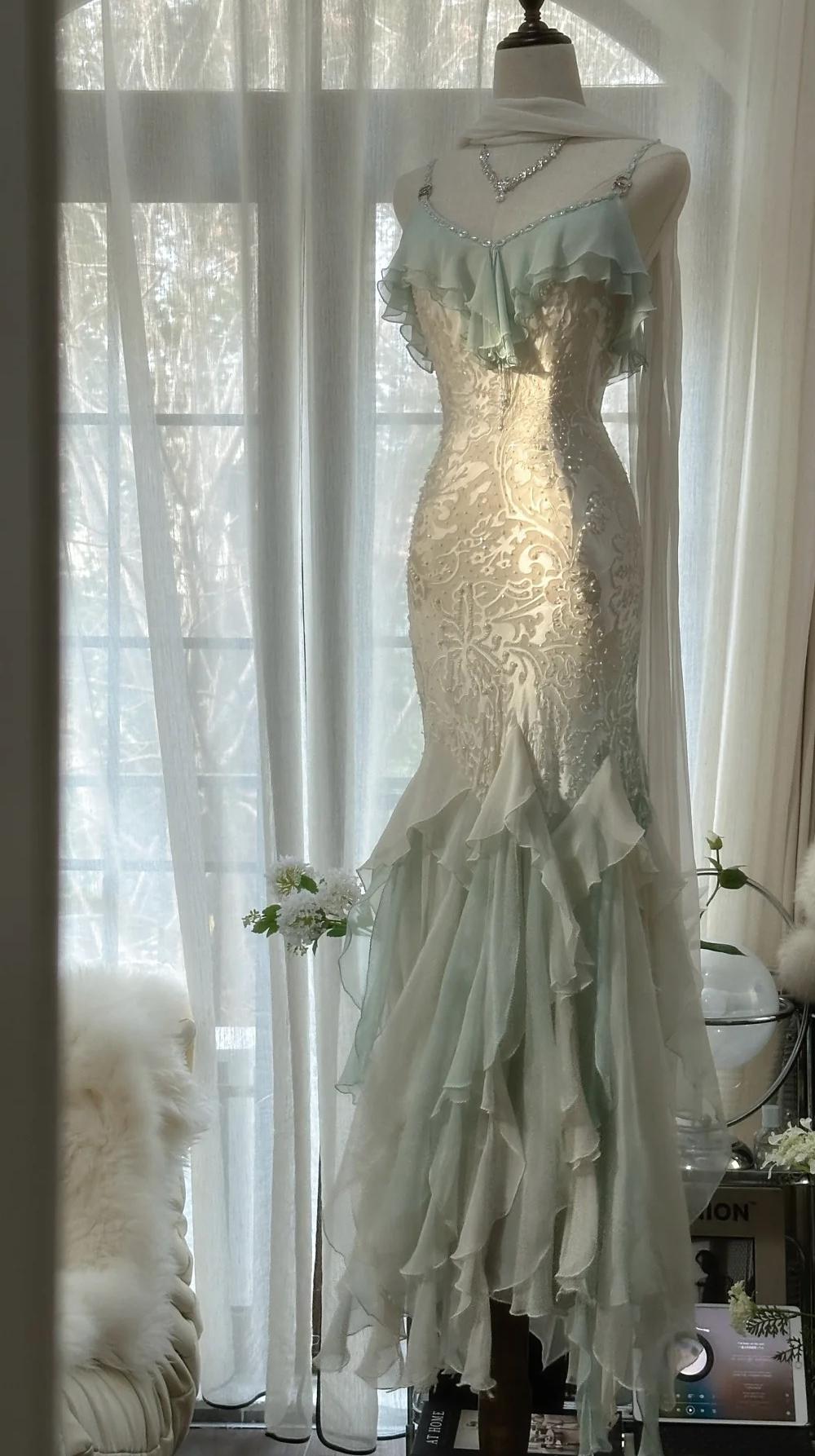 🎊Romantic Vintage Mint Green Prom Dress-Ruffled Chiffon &Beadwork Fairytale Mermaid Gown for Quinceanera&Events🍀 ED01725
