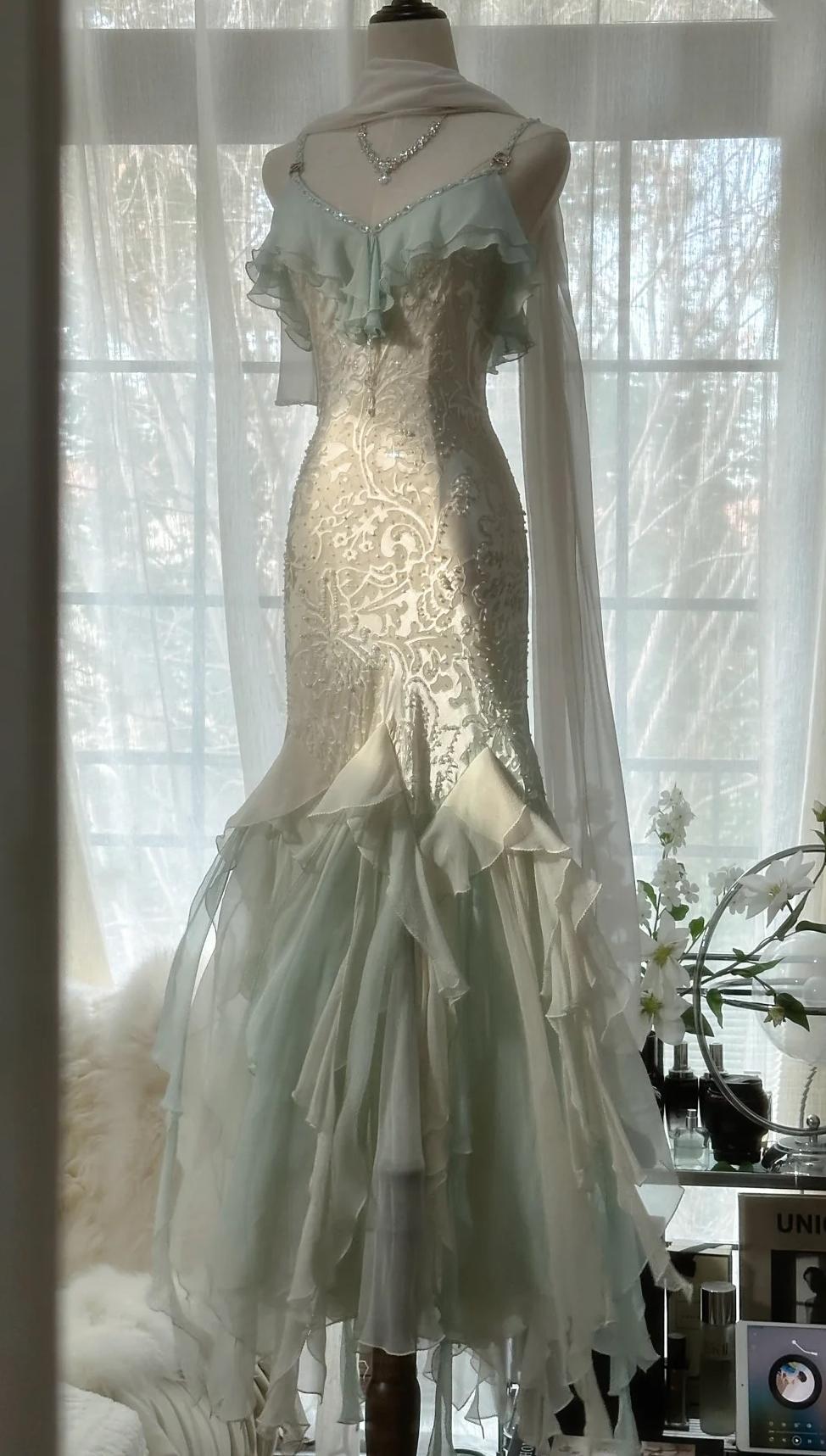 🎊Romantic Vintage Mint Green Prom Dress-Ruffled Chiffon &Beadwork Fairytale Mermaid Gown for Quinceanera&Events🍀 ED01725