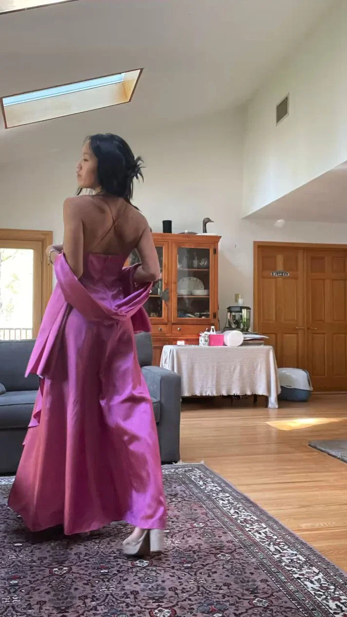 π Enchanted Evening Gown β Vintage Fuchsia Beaded Prom Dress -Satin Party Dress with Shawl ED01737