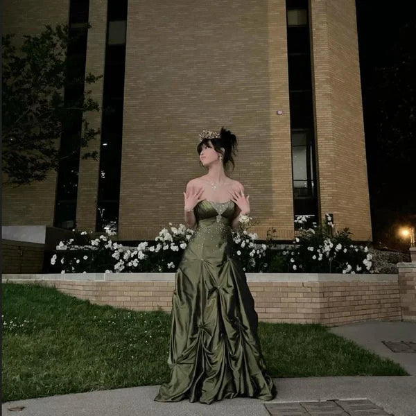 💚Pretty Forest Green A-Line Prom Dresses With Silver Beads -Sweet Princess Strapless Satin Evening Dress for Birthday&Graduation ED01741