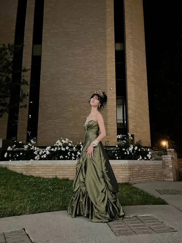 💚Pretty Forest Green A-Line Prom Dresses With Silver Beads -Sweet Princess Strapless Satin Evening Dress for Birthday&Graduation ED01741