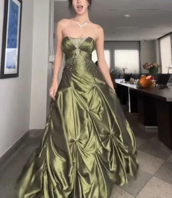 💚Pretty Forest Green A-Line Prom Dresses With Silver Beads -Sweet Princess Strapless Satin Evening Dress for Birthday&Graduation ED01741