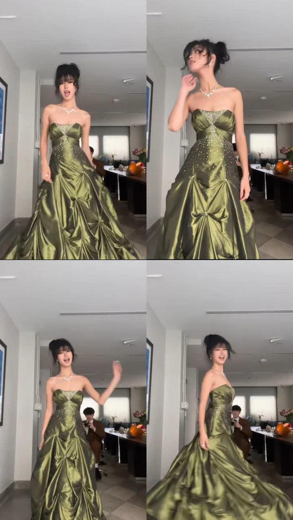 💚Pretty Forest Green A-Line Prom Dresses With Silver Beads -Sweet Princess Strapless Satin Evening Dress for Birthday&Graduation ED01741
