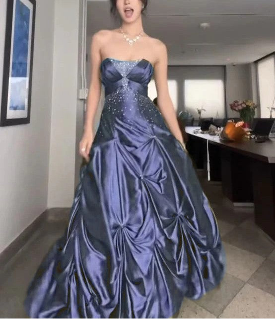 💚Pretty Forest Green A-Line Prom Dresses With Silver Beads -Sweet Princess Strapless Satin Evening Dress for Birthday&Graduation ED01741