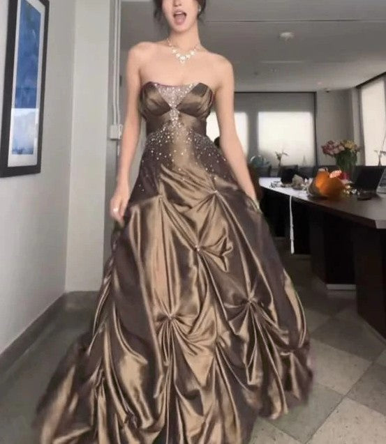 💚Pretty Forest Green A-Line Prom Dresses With Silver Beads -Sweet Princess Strapless Satin Evening Dress for Birthday&Graduation ED01741