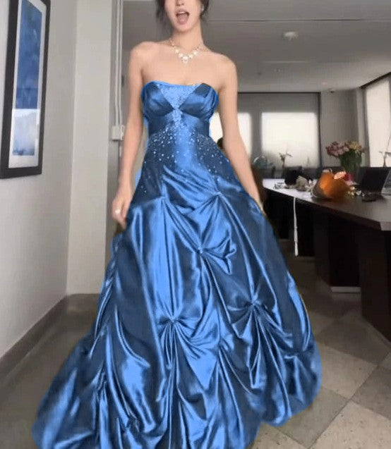 💚Pretty Forest Green A-Line Prom Dresses With Silver Beads -Sweet Princess Strapless Satin Evening Dress for Birthday&Graduation ED01741