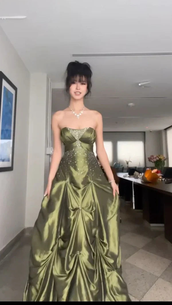 💚Pretty Forest Green A-Line Prom Dresses With Silver Beads -Sweet Princess Strapless Satin Evening Dress for Birthday&Graduation ED01741