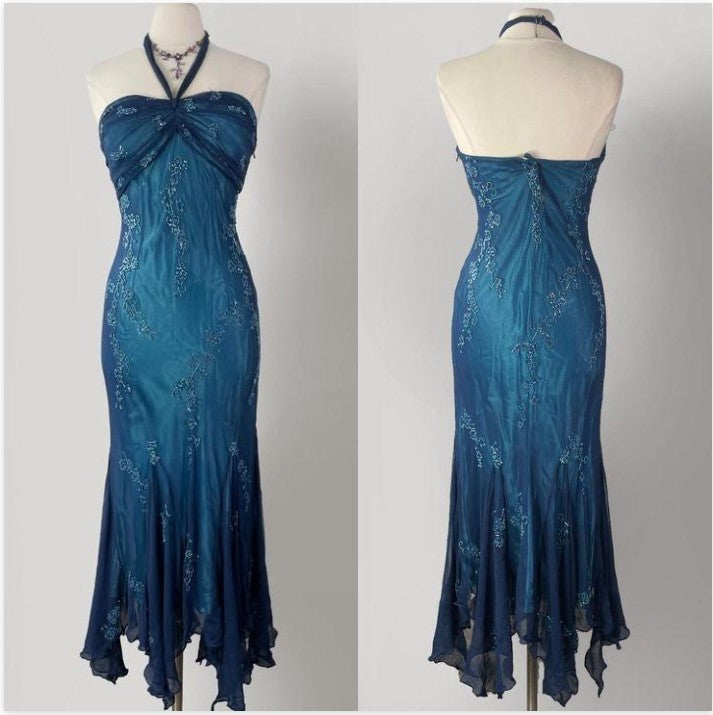 💃 Vintage Blue Tulle& Chiffon Prom Dress for Party&Graduation-90s Elegant Shinny Beaded Evening Gown ED01743