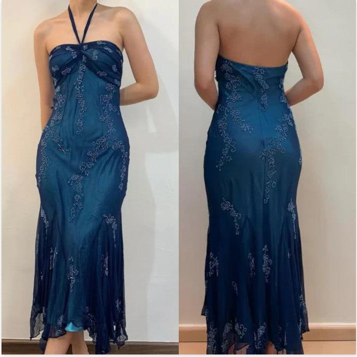 💃 Vintage Blue Tulle& Chiffon Prom Dress for Party&Graduation-90s Elegant Shinny Beaded Evening Gown ED01743