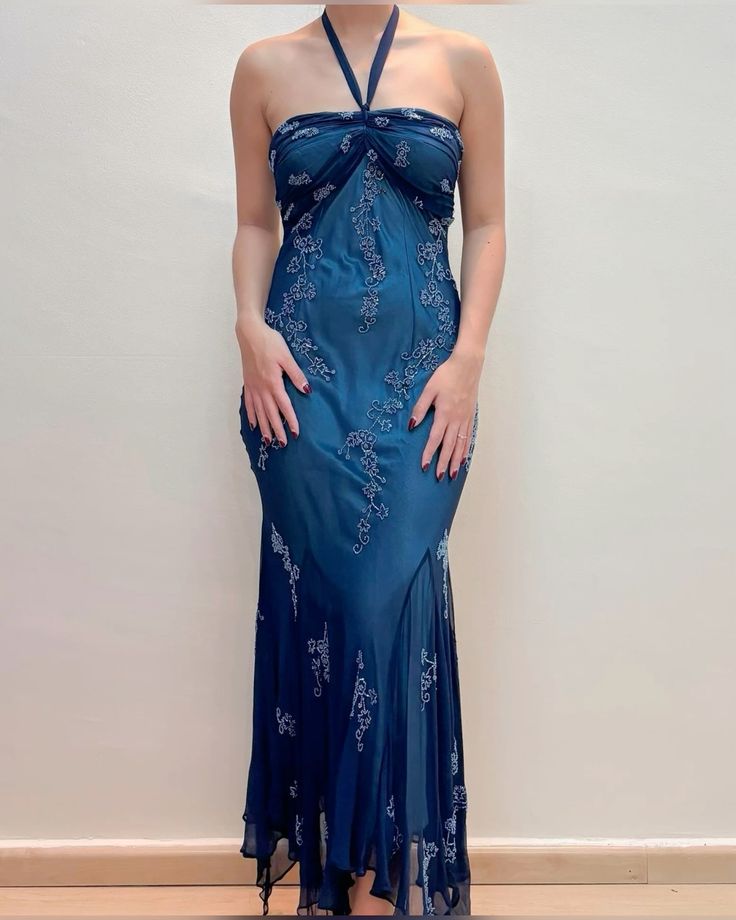 💃 Vintage Blue Tulle& Chiffon Prom Dress for Party&Graduation-90s Elegant Shinny Beaded Evening Gown ED01743
