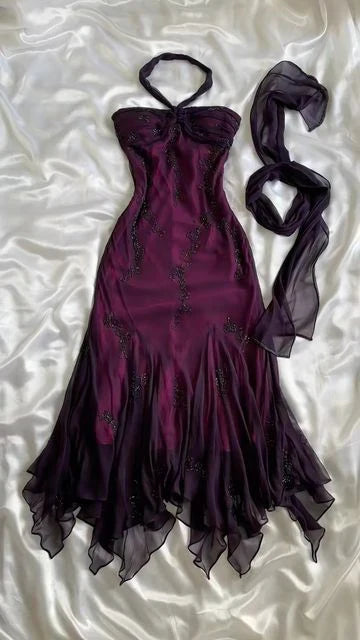 💃 Vintage Blue Tulle& Chiffon Prom Dress for Party&Graduation-90s Elegant Shinny Beaded Evening Gown ED01743