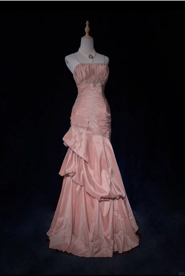 🩷Gentle Pink Mermaid Evening Dress Spaghetti Straps Satin Layered Pleated Prom Dress with Beading ED01805