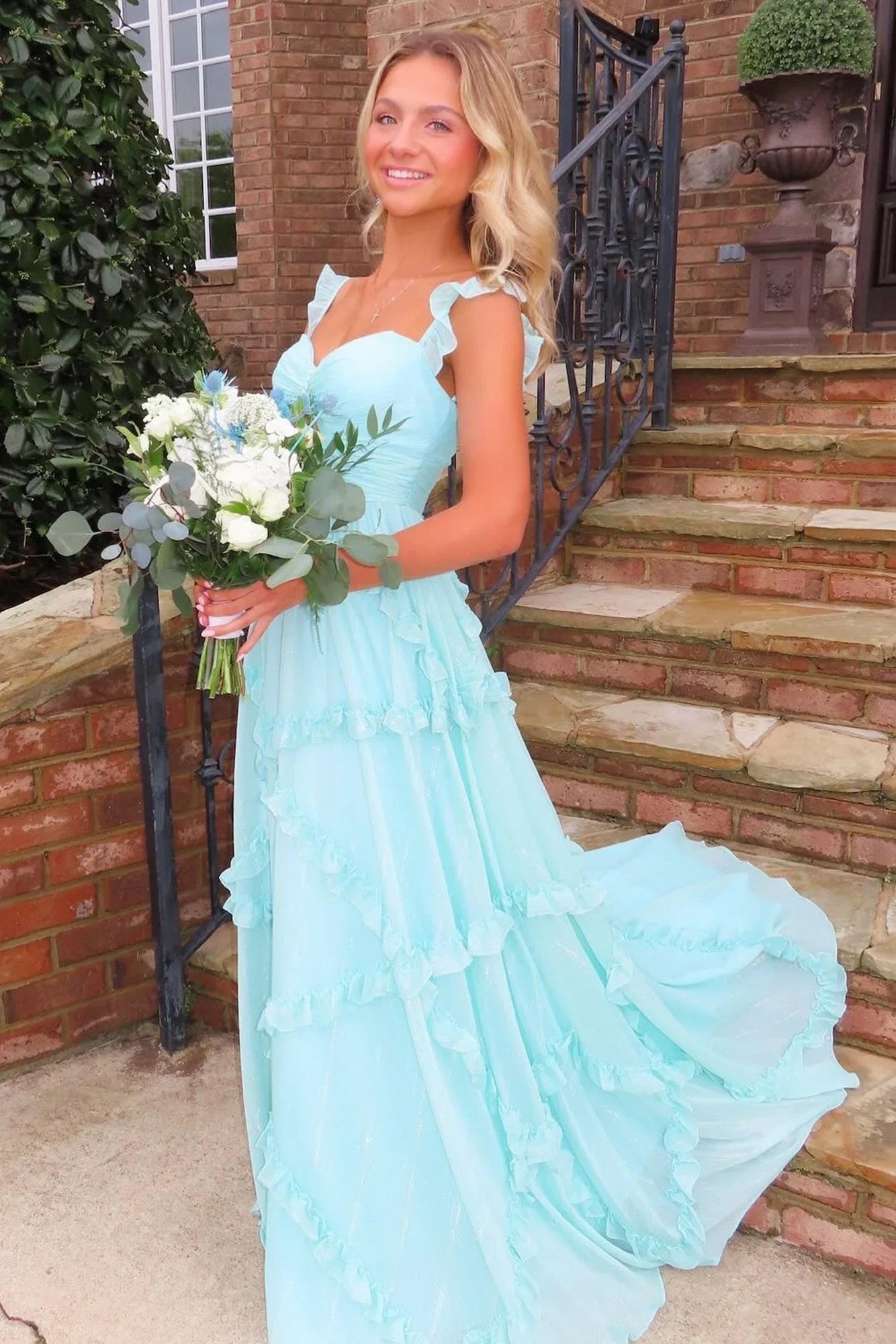 🩵Enchanted Blue Sweetheart A-Line Prom Dress & Wedding Dress💍- Elegant Chiffon Ruffled Birthday Party Dress ED01912