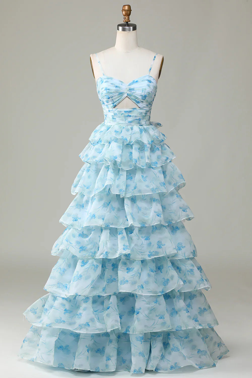 ๐ Enchanted Blue A-Line Evening Gown โ Sweet Floral Layered Prom Dress for Special Occasion ย ED01918