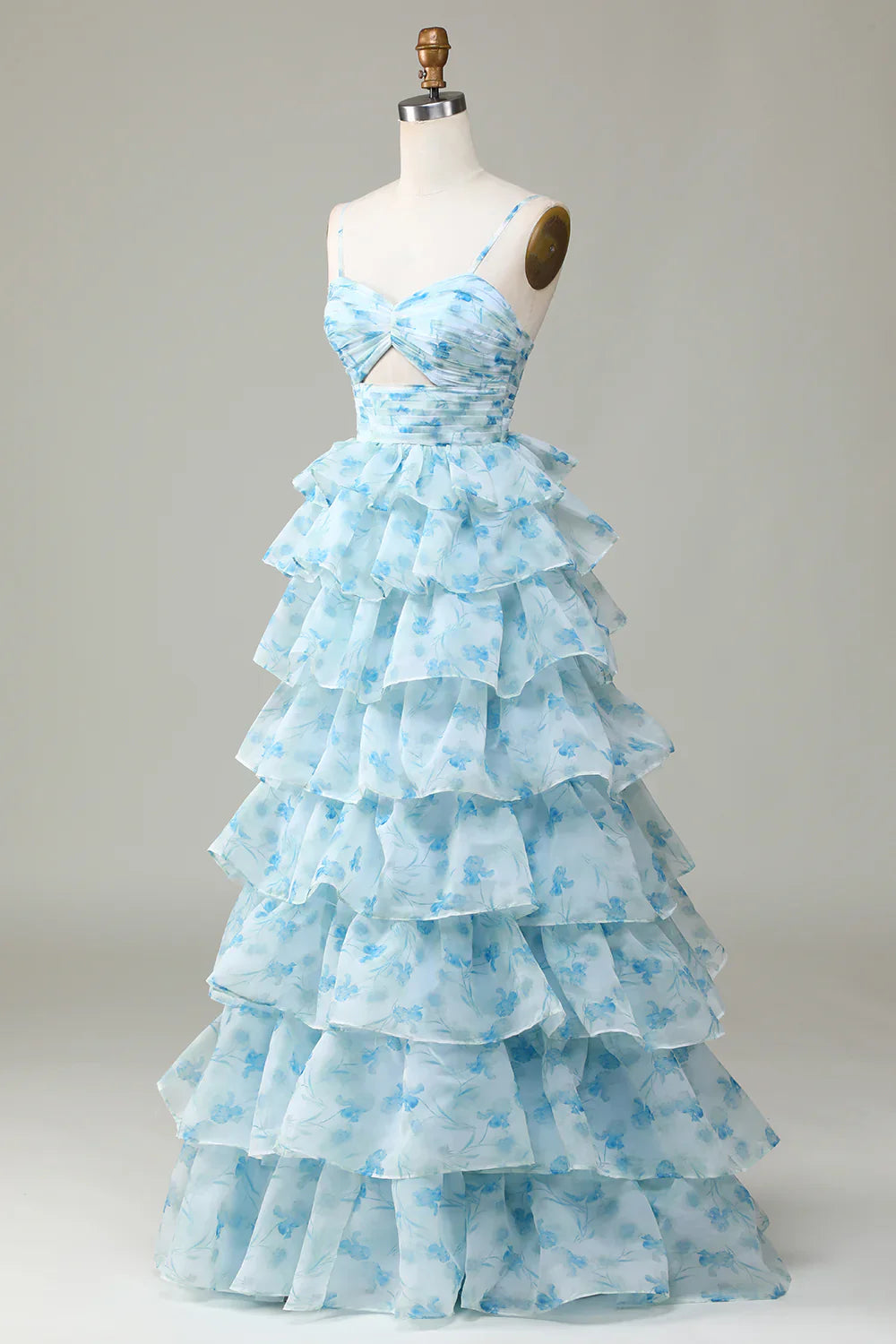 ๐ Enchanted Blue A-Line Evening Gown โ Sweet Floral Layered Prom Dress for Special Occasion ย ED01918