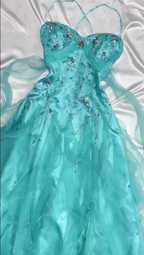 π 1950s Inspired Baby Princess Blue Prom Dress - Shimmering Sequins Tulle & Satin Ballgown for Formal Events ED01932