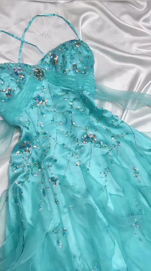 π 1950s Inspired Baby Princess Blue Prom Dress - Shimmering Sequins Tulle & Satin Ballgown for Formal Events ED01932