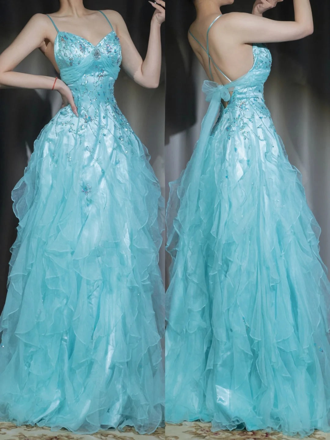 π 1950s Inspired Baby Princess Blue Prom Dress - Shimmering Sequins Tulle & Satin Ballgown for Formal Events ED01932