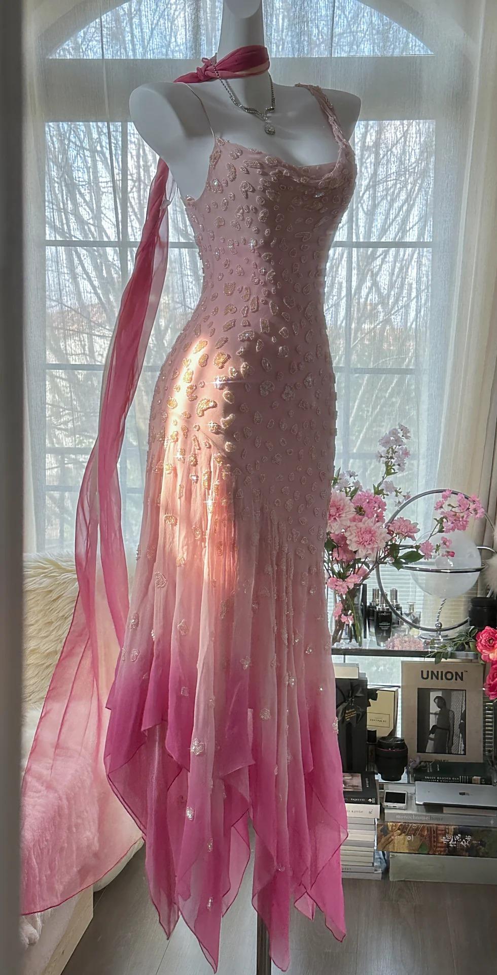 π Cinderella Pink A-Line Evening Gown - Iridescent Beaded Tulle with Soft Chiffon Layers for Sweet 16 ED01933