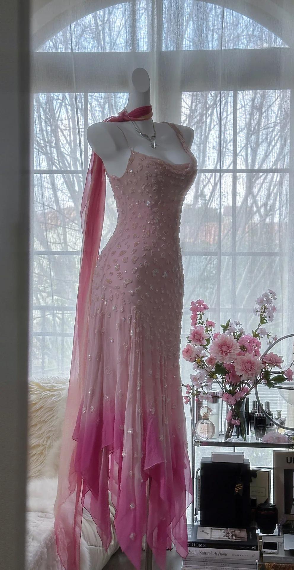 π Cinderella Pink A-Line Evening Gown - Iridescent Beaded Tulle with Soft Chiffon Layers for Sweet 16 ED01933