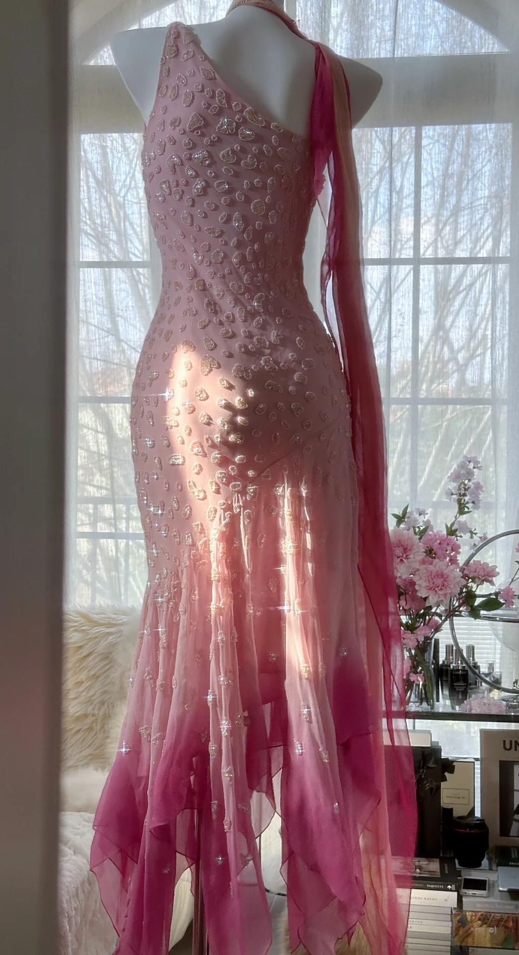 π Cinderella Pink A-Line Evening Gown - Iridescent Beaded Tulle with Soft Chiffon Layers for Sweet 16 ED01933
