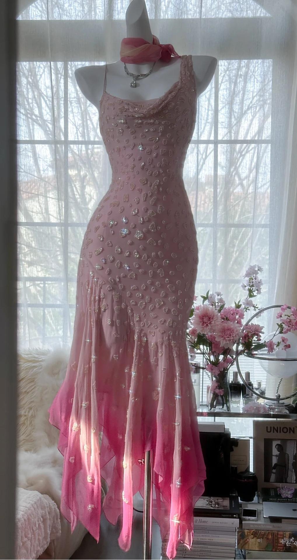π Cinderella Pink A-Line Evening Gown - Iridescent Beaded Tulle with Soft Chiffon Layers for Sweet 16 ED01933