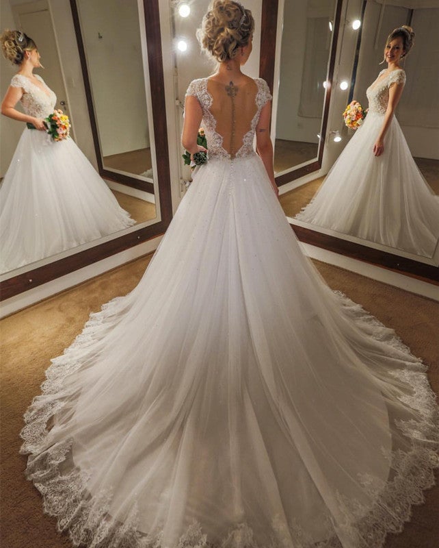 Elegant Lace Cap Sleeves Nude Back Tulle Wedding Dresses Princess