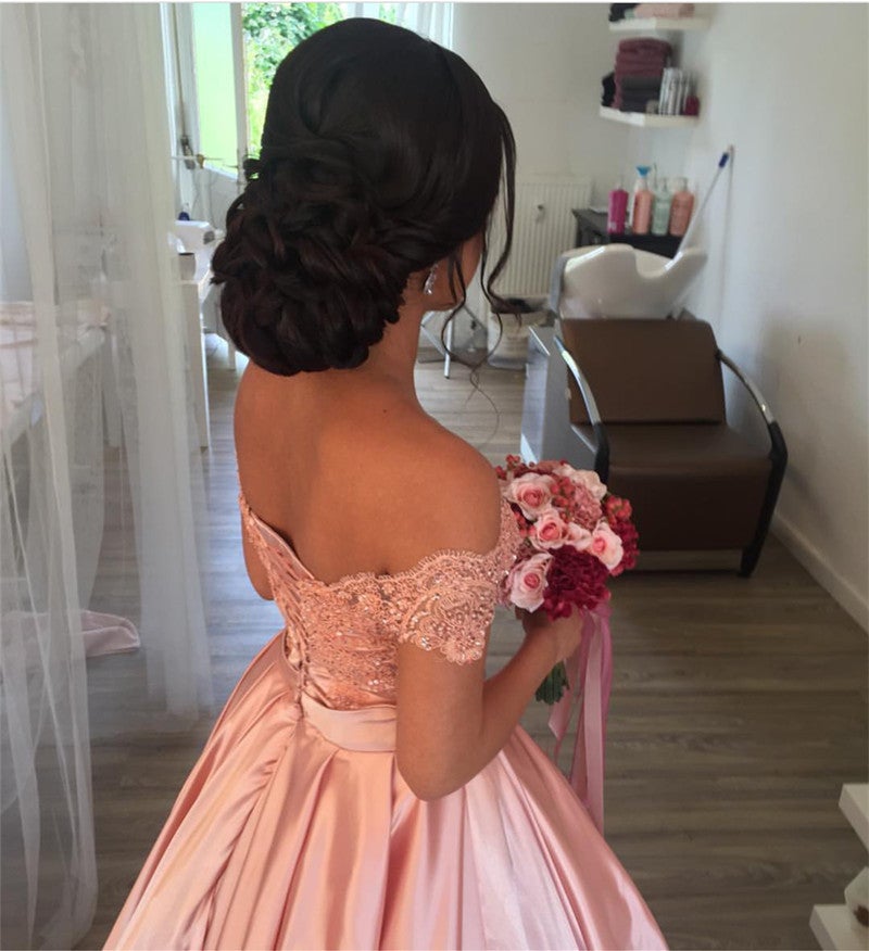 Elegant Lace Off Shoulder Pink Satin Wedding Dresses Ball Gowns