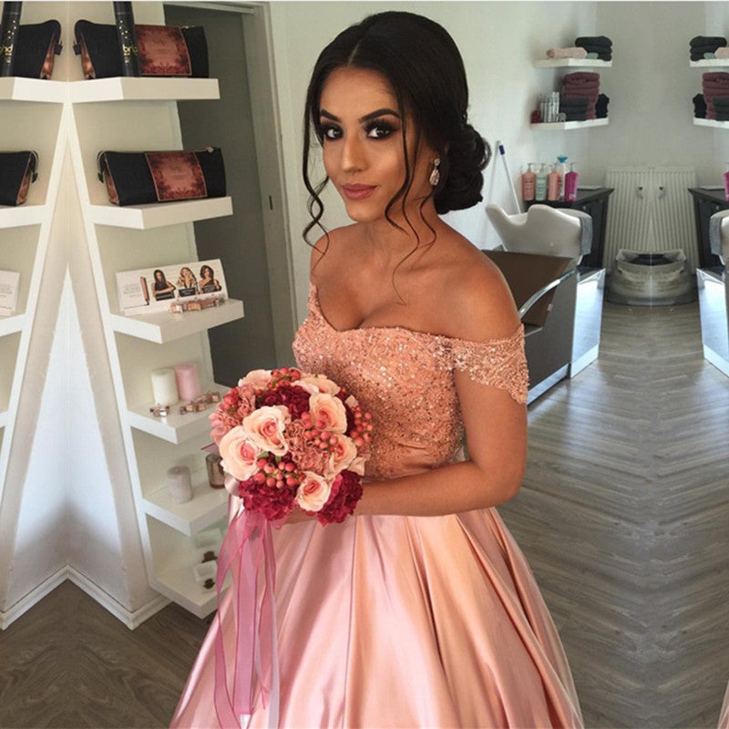 Elegant Lace Off Shoulder Pink Satin Wedding Dresses Ball Gowns