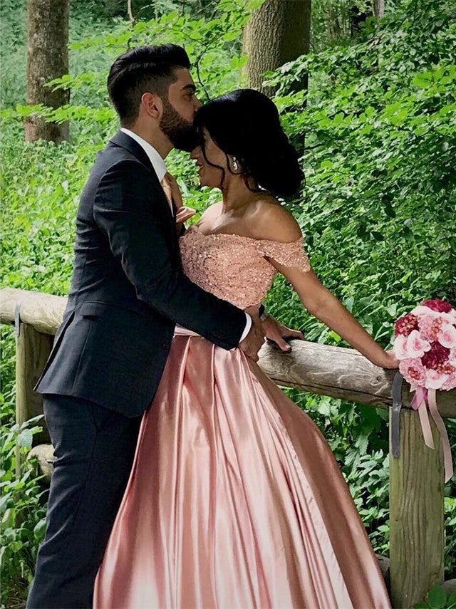 Elegant Lace Off Shoulder Pink Satin Wedding Dresses Ball Gowns