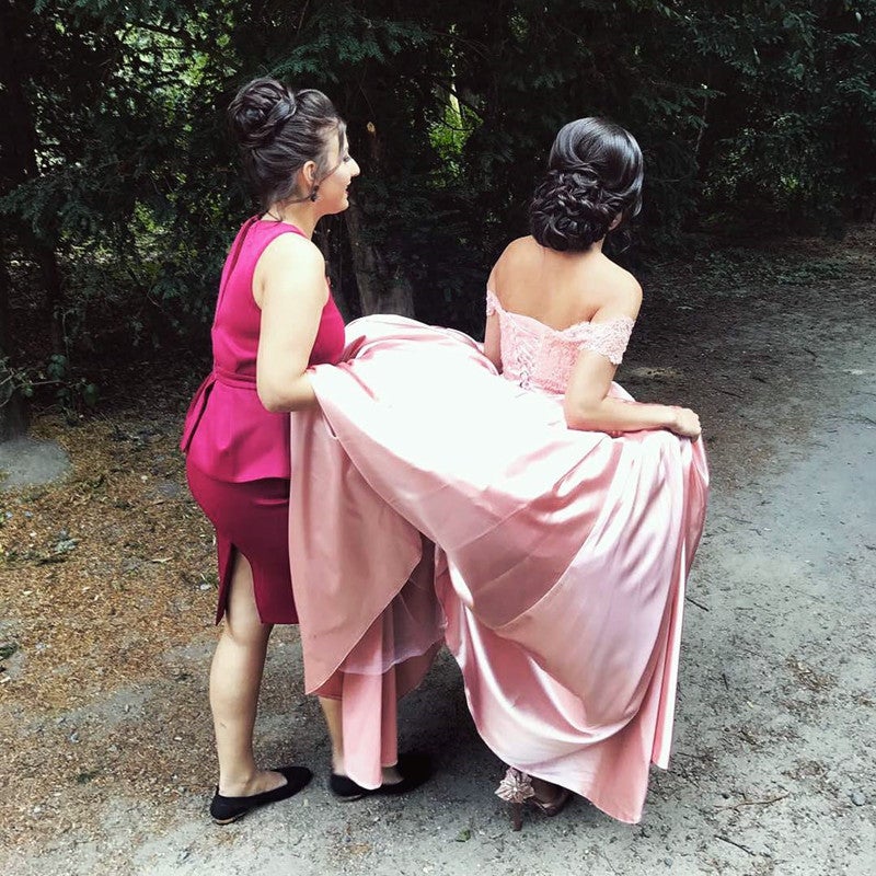 Elegant Lace Off Shoulder Pink Satin Wedding Dresses Ball Gowns