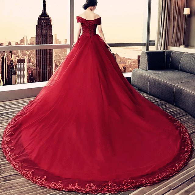 Elegant Lace Off Shoulder Royal Train Maroon Wedding Dresses