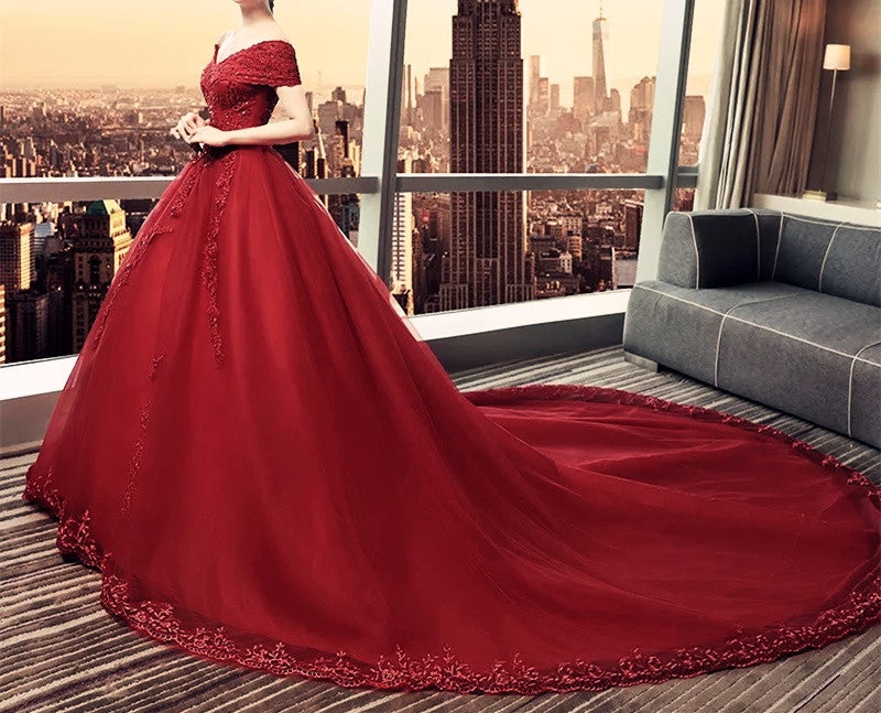 Elegant Lace Off Shoulder Royal Train Maroon Wedding Dresses