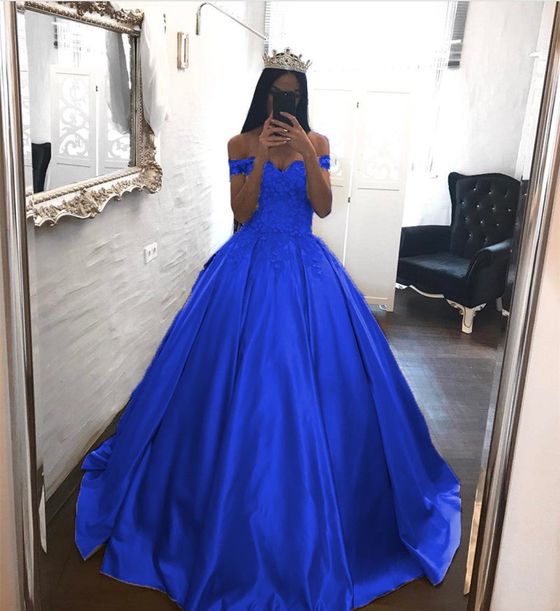 Elegant Lace Off The Shoulder Ball Gowns Satin Wedding Dresses