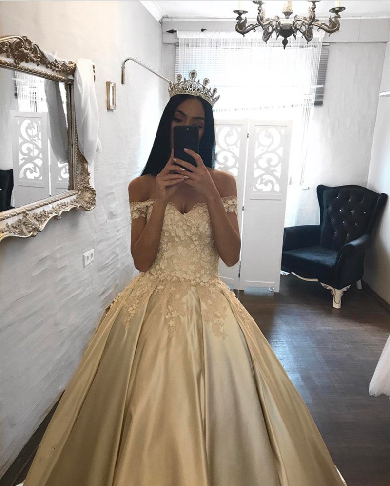 Elegant Lace Off The Shoulder Ball Gowns Satin Wedding Dresses