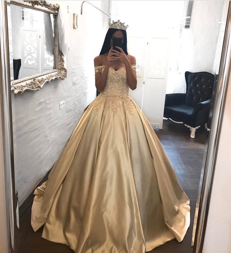 Elegant Lace Off The Shoulder Ball Gowns Satin Wedding Dresses