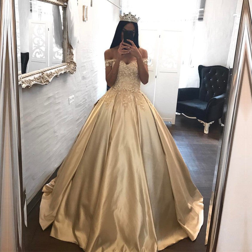 Elegant Lace Off The Shoulder Ball Gowns Satin Wedding Dresses
