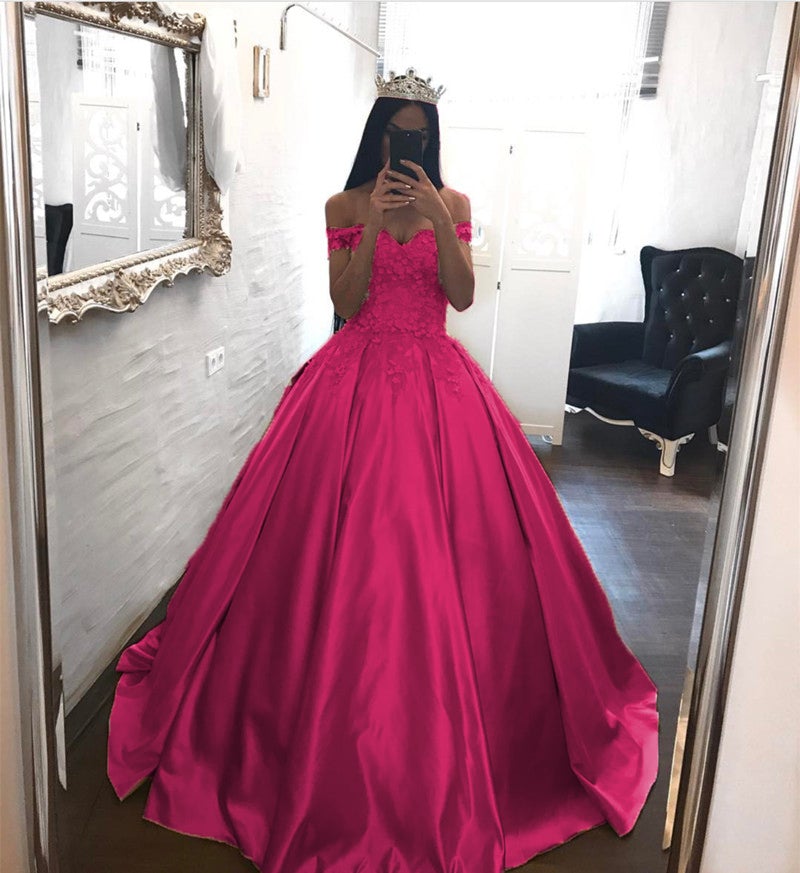 Elegant Lace Off The Shoulder Ball Gowns Satin Wedding Dresses