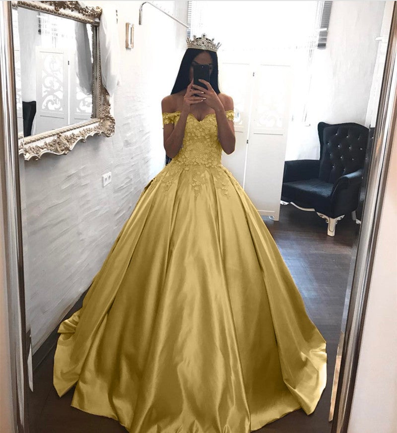 Elegant Lace Off The Shoulder Ball Gowns Satin Wedding Dresses