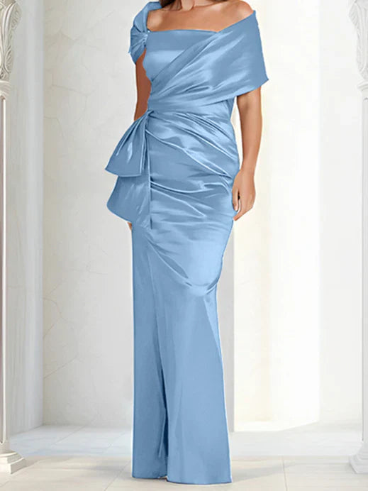 Tight fitting/column off shoulder to ground length mother of the bride dresses