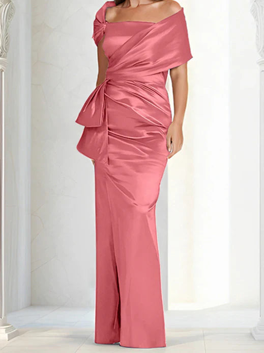 Tight fitting/column off shoulder to ground length mother of the bride dresses