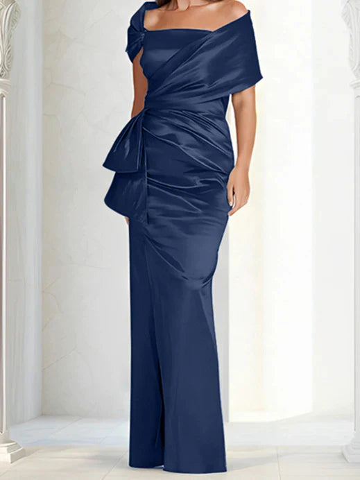 Tight fitting/column off shoulder to ground length mother of the bride dresses