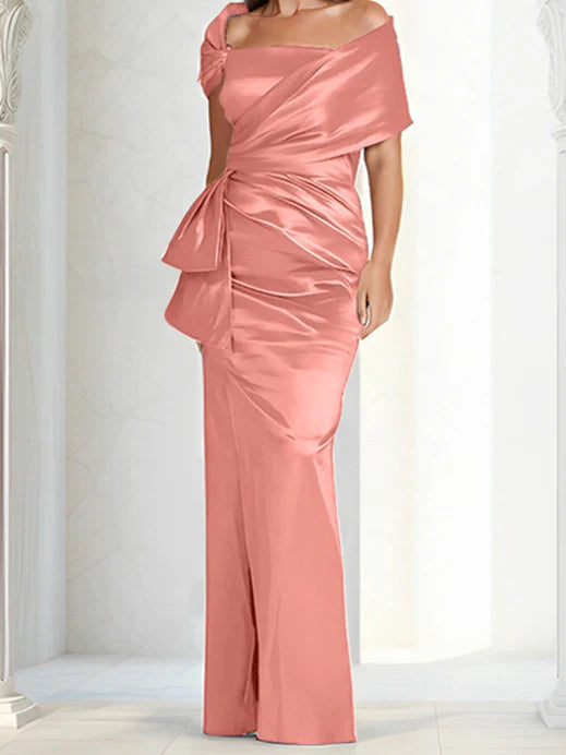 Tight fitting/column off shoulder to ground length mother of the bride dresses