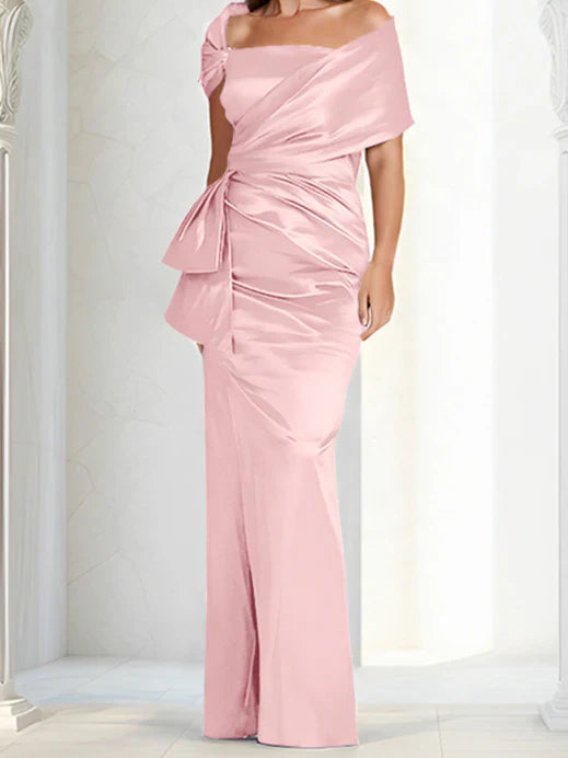 Tight fitting/column off shoulder to ground length mother of the bride dresses