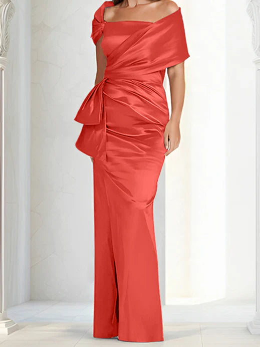 Tight fitting/column off shoulder to ground length mother of the bride dresses
