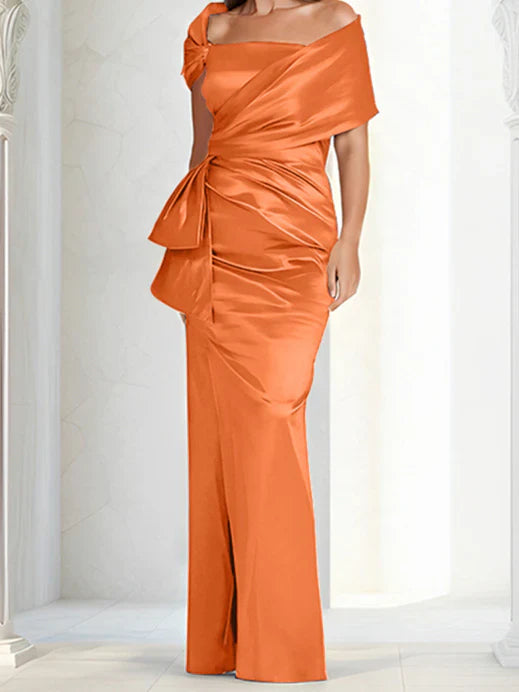 Tight fitting/column off shoulder to ground length mother of the bride dresses