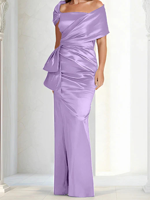 Tight fitting/column off shoulder to ground length mother of the bride dresses