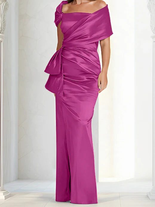 Tight fitting/column off shoulder to ground length mother of the bride dresses
