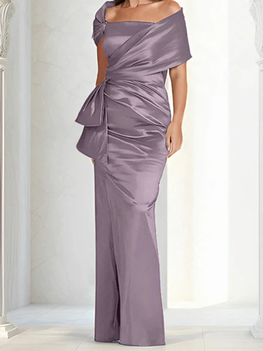 Tight fitting/column off shoulder to ground length mother of the bride dresses
